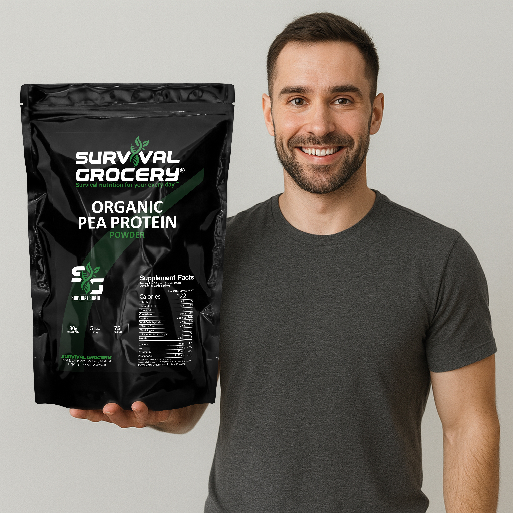 Artificial Man holding a bag of Organic Pea Protein